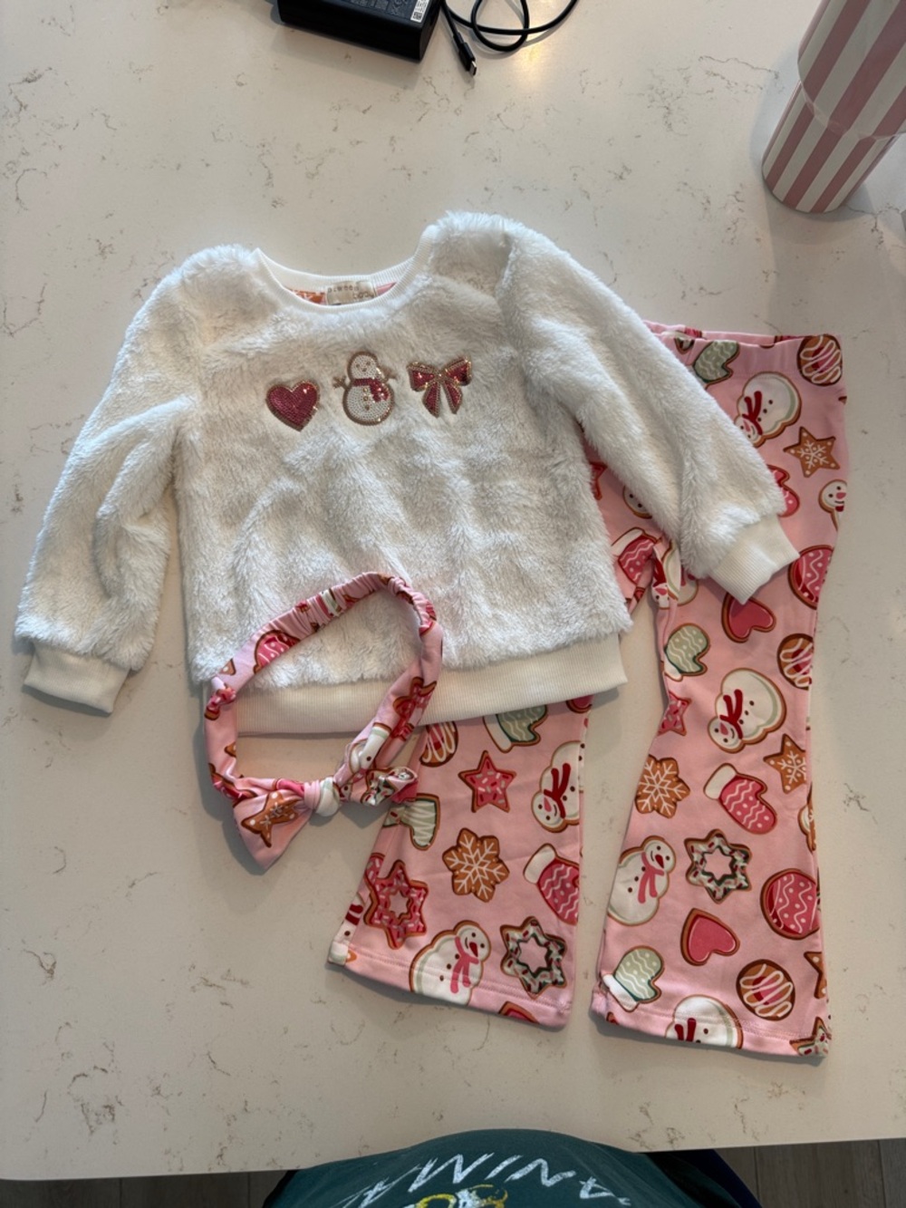 btween White Fuzzy Holiday Top with Pink Cookie-Print Pajama Set